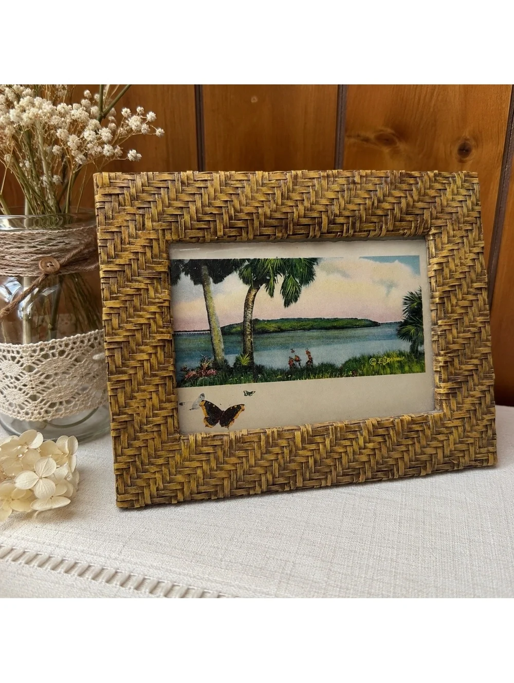 Vintage Ceramic Basketweave 5x7 Picture Frame Boho Coastal Cottage Decor